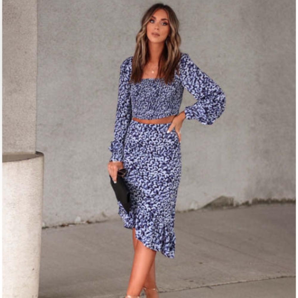 NWT - Flower Smocked Top and Ruched Ruffle Midi Skirt Set - both size small